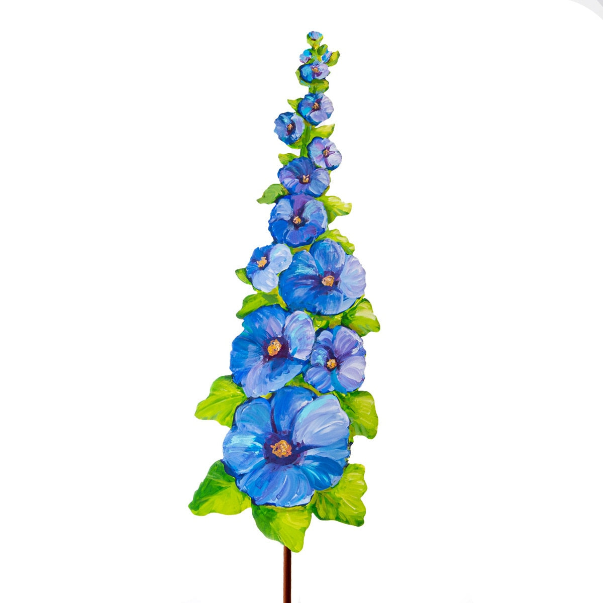 Hollyhock topiary stake with green foliage on a brown wooden frame.