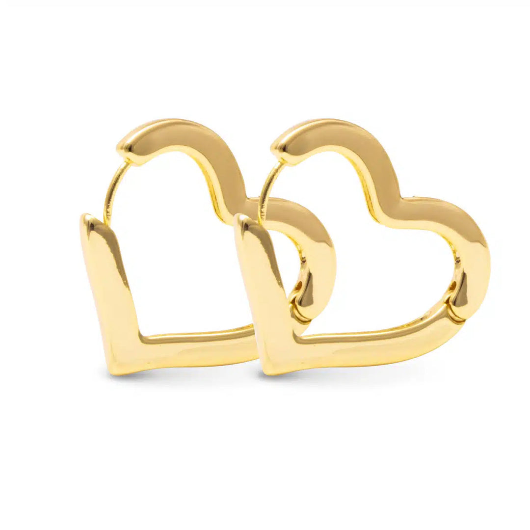 Pair of Sara polished gold heart-shaped hoop earrings on a white background.