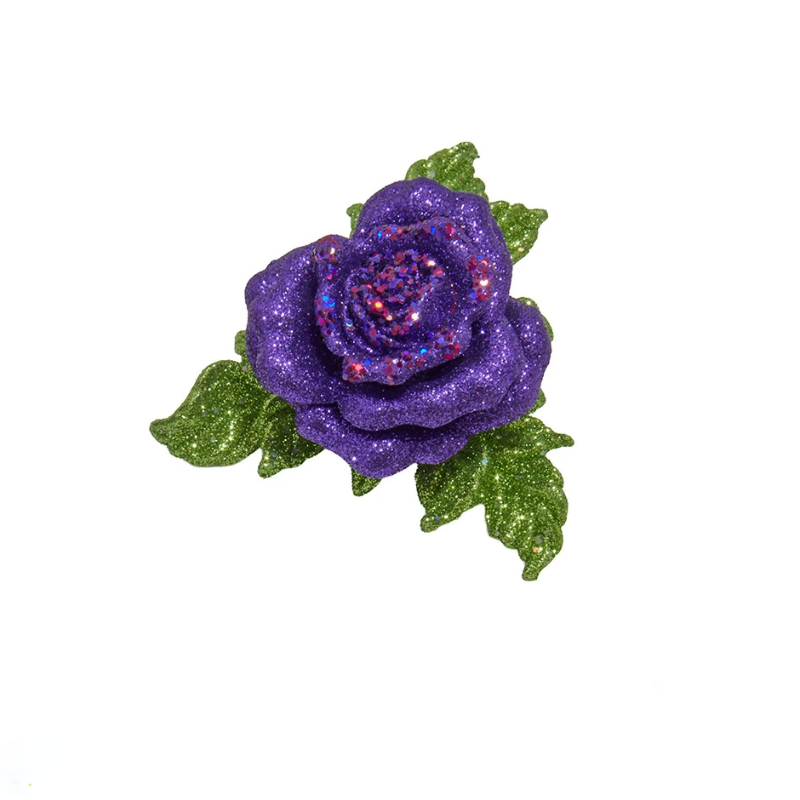 Purple glitter rose clip-on ornament with green glitter leaves on a white background.