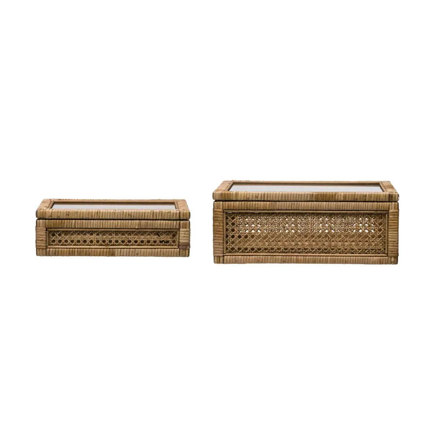 Rattan display box with clear glass lid showing contents