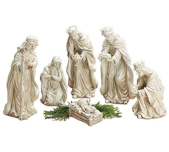 Set of four hand-painted distressed white poly-resin nativity figurines featuring Jesus, Mary, Joseph, and three Wise Men.