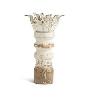 Distressed whitewashed fir wood candleholder with gold accents and iron metal frame
