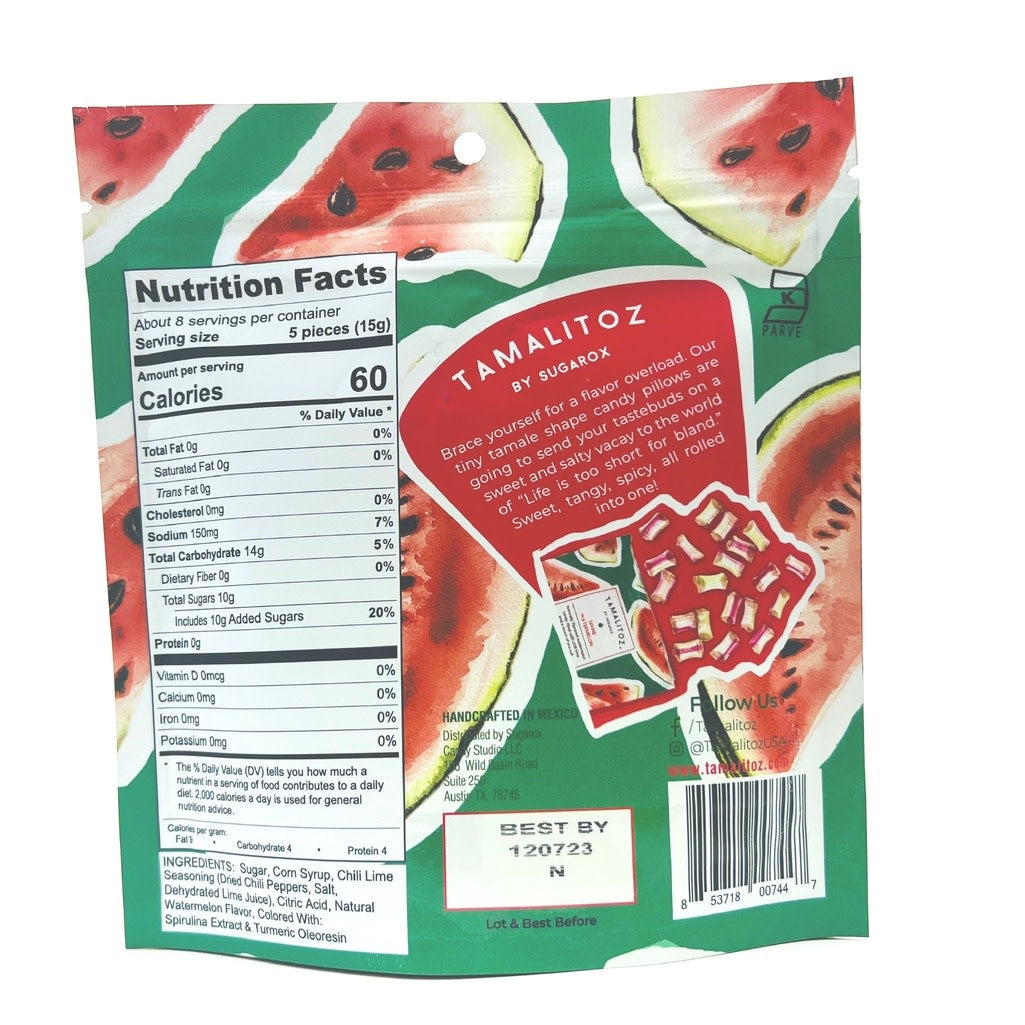 Ribbon-style Tamalitoz candy in watermelon flavor with mild chili powder and sea salt.