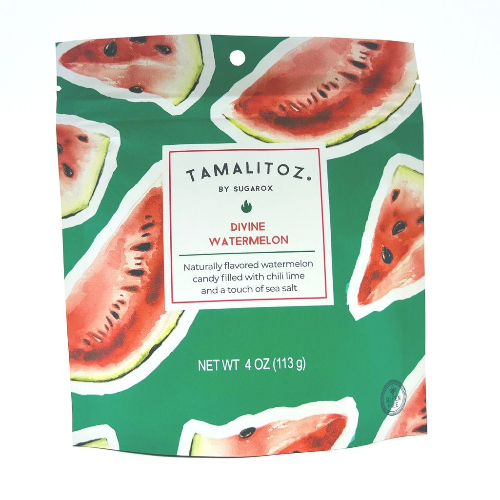 Front view of Tamalitoz Candy ribbon style treats in watermelon flavor with natural red color and mild chili powder filling.
