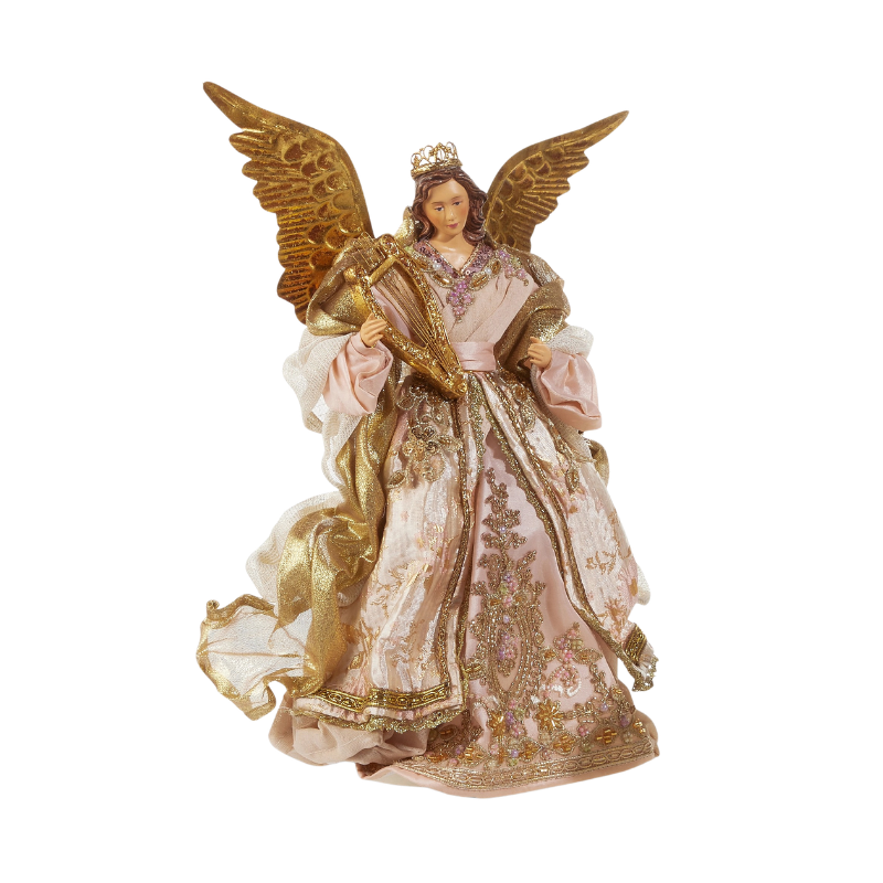 16-inch Victorian angel tree topper in a pink and gold gown holding a golden harp.