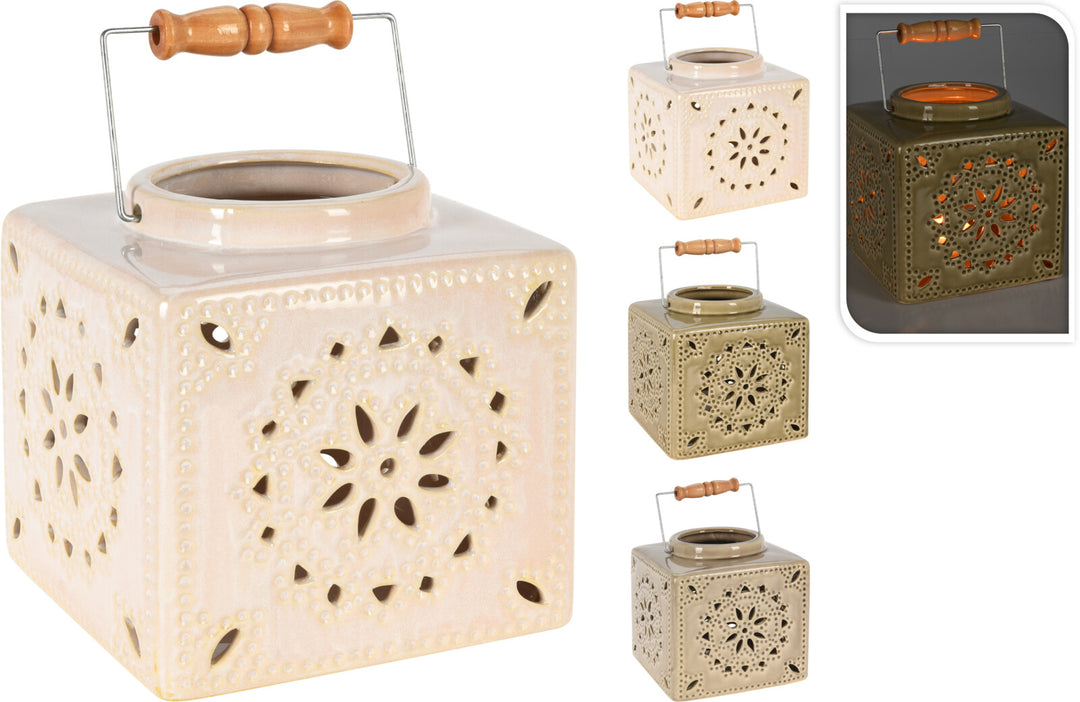 Ceramic lantern with metal and wooden handle featuring a crackle finish