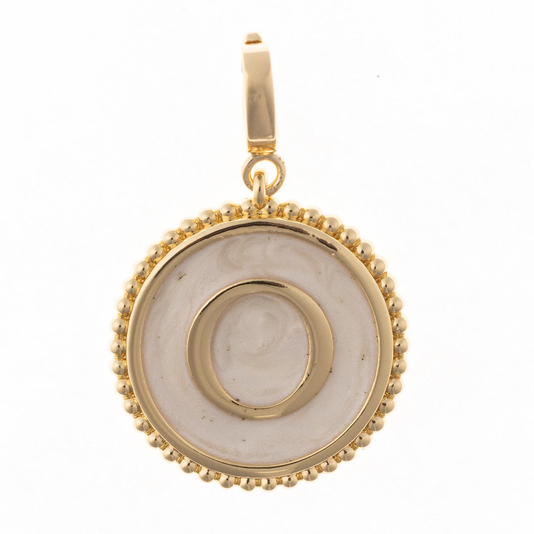 18k gold plated Madison Initial Charm with letter O, faux mother of pearl inlay, and clasp.