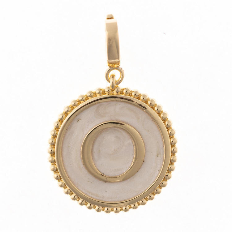 18k gold plated Madison Initial Charm with letter O, faux mother of pearl inlay, and clasp.