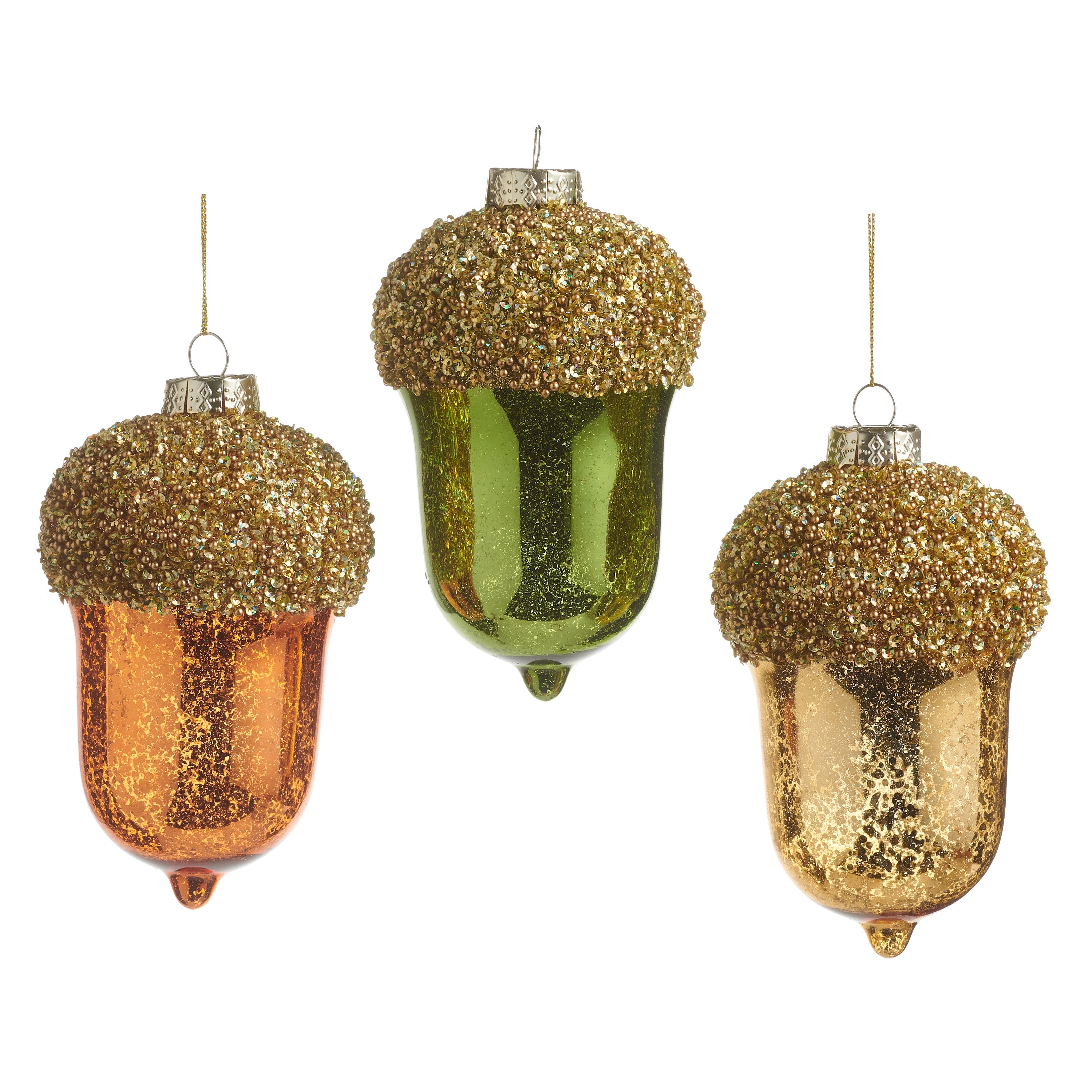 Three 5-inch glass acorn ornaments in orange, green, and gold with beaded tops.
