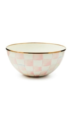 Hand-painted pink and white checkered bowl with a bronzed stainless steel rim.