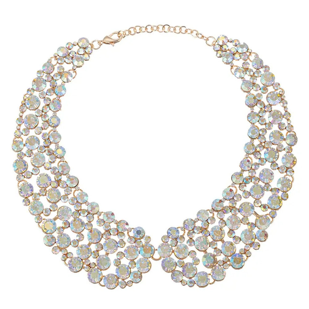 Exaggerated sparkling rhinestone collarbone chain necklace with iridescent glass crystals.