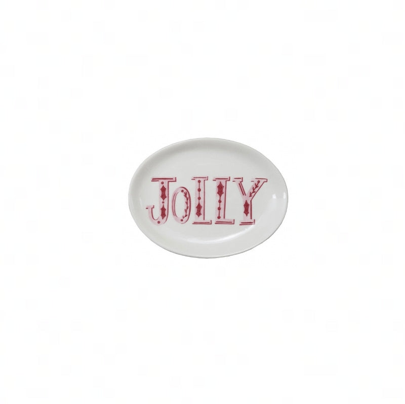 White stoneware plate with a red 'Jolly' word stamp in holiday pattern.