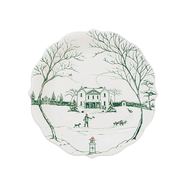 Country Estate winter party plate in deep evergreen stoneware with a scalloped rim.