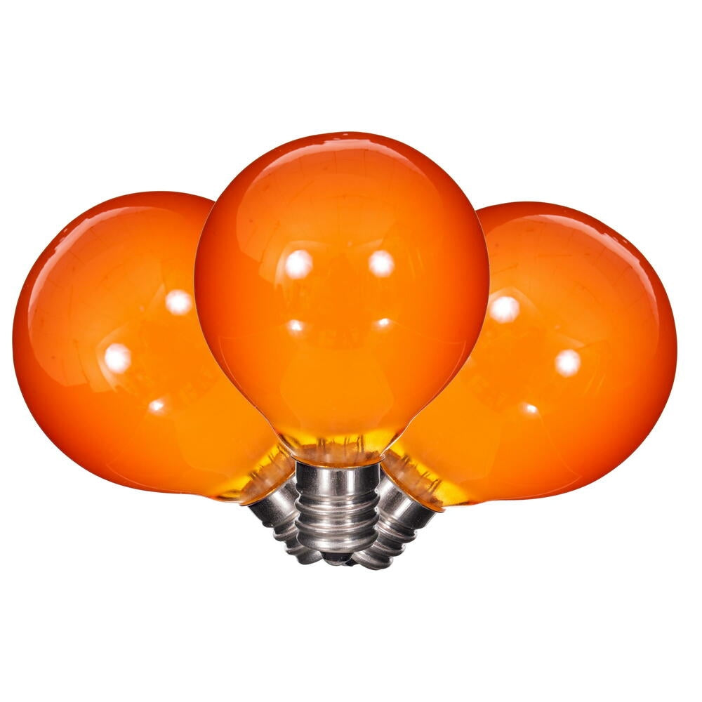 Three round amber LED filament glass bulbs with small screw bases.