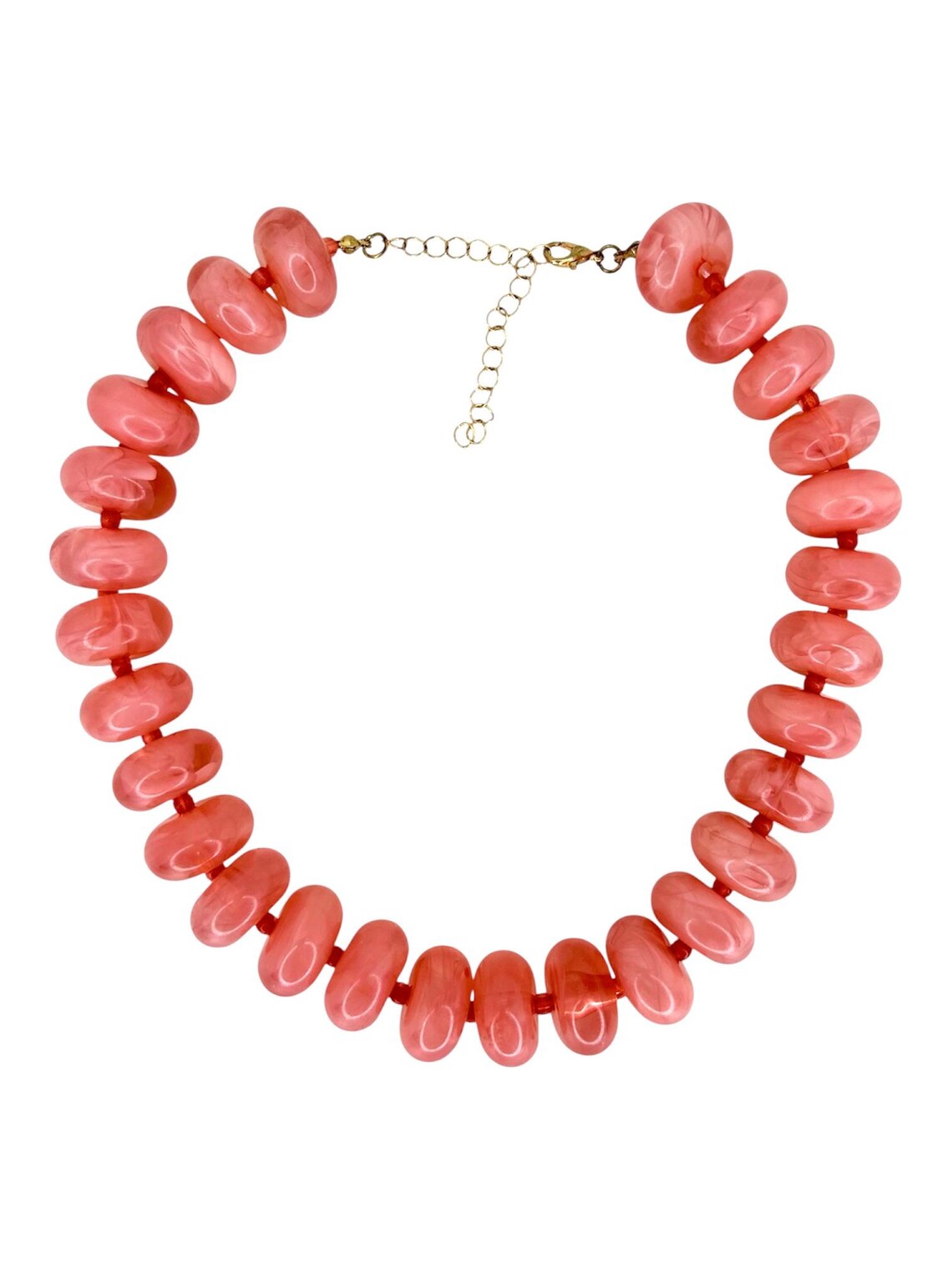 Candy Necklace featuring oversized, glossy pink marbled beads with an adjustable gold-tone chain.