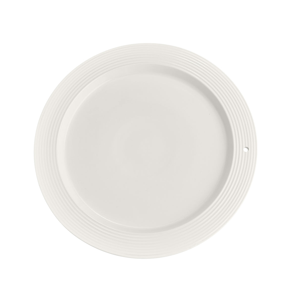 Top-down view of a white 13-inch Pinstripes Round Server with a textured rim and a small hole.