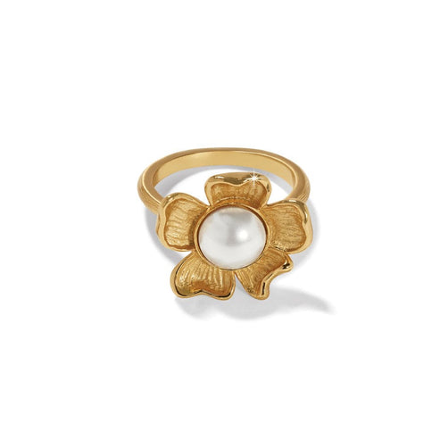 Gold plated Everbloom ring featuring a five-petal flower design with a white glass pearl center.