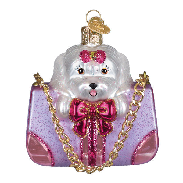 Posh Pup In Purse Ornament: a black plush dog figurine peeking from an open designer handbag with silver glitter accents.