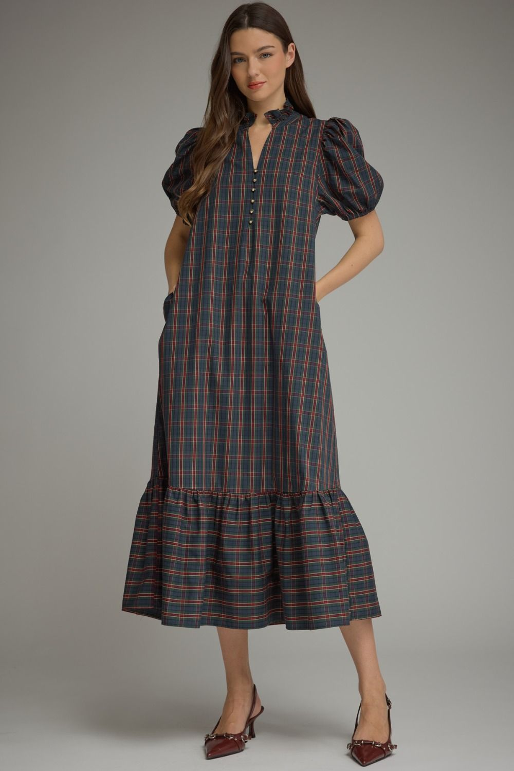 Eleanor Plaid Short Puff Sleeve Midi Dress with ruffle neck and button-front closure.