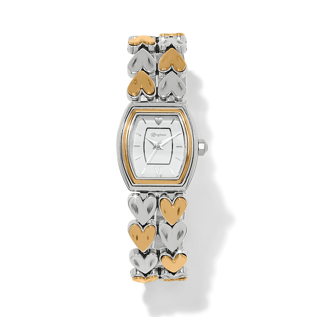 Silver-gold two-tone heart-shaped watch with fold-over clasp on wrist