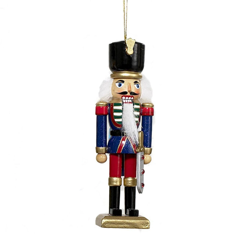 5-inch wooden nutcracker ornament in a blue and red uniform with a black hat and white beard.