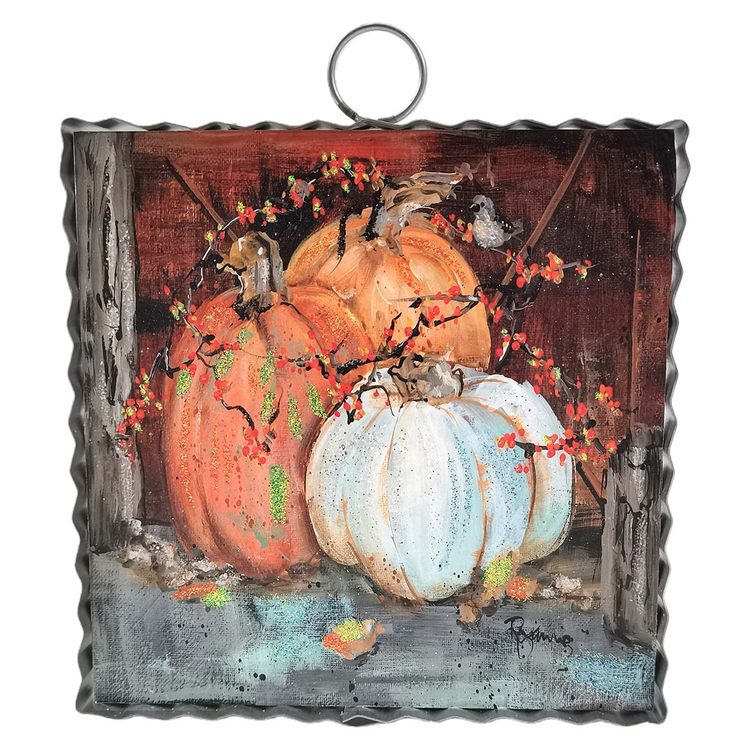 Mini Art Barn Pumpkins wall hanging with three pumpkins and berries in a scalloped metal frame.