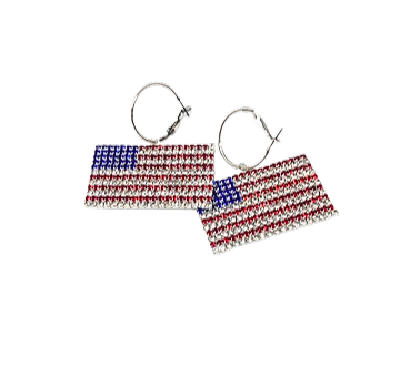 Silver hoop earrings featuring a two-inch wide American flag design.