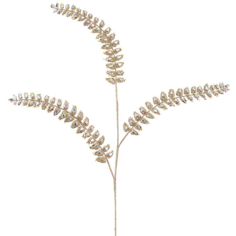 34.5-inch iridescent glittered rhinestone mini leaf spray with three shimmering branches.
