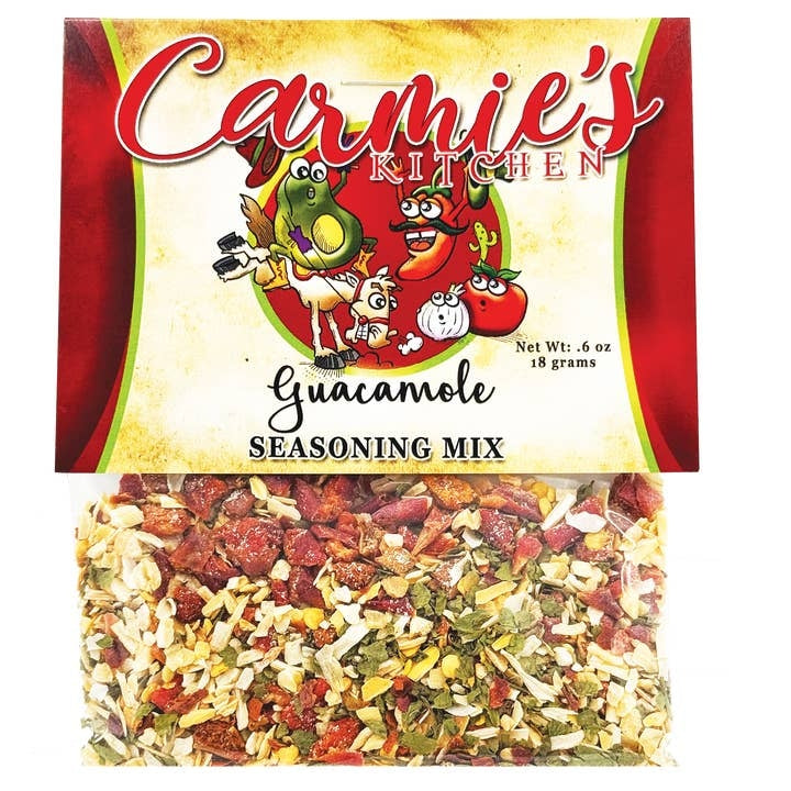 Bag of Guacamole Seasoning Mix with visible green herbs on packaging