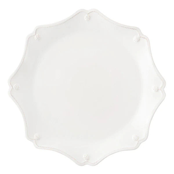 Berry & Thread Scalloped Charger in Whitewash ceramic with signature berry and thread motif.