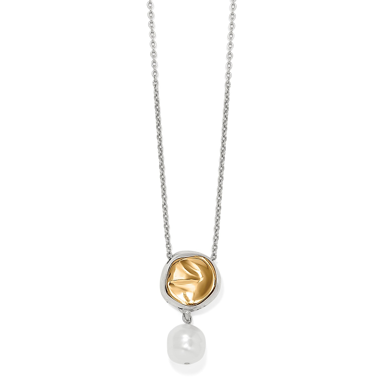 Cascade Round Pearl Necklace featuring a two-tone pendant with a white baroque glass pearl drop.