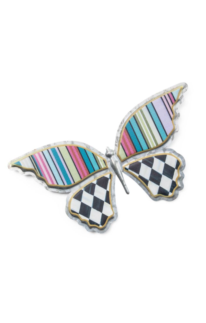 Galvanized metal butterfly wall decor with colorful painted wings measuring 16 inches wide.