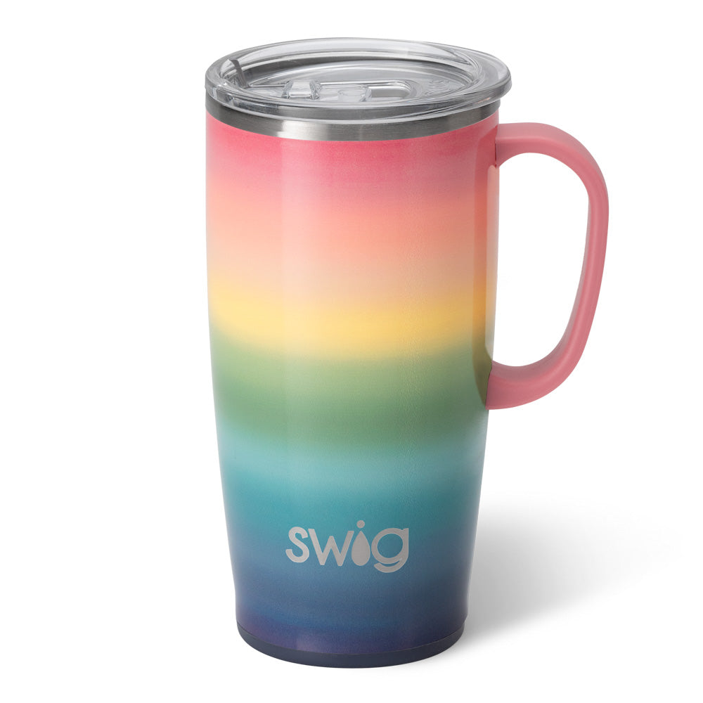 Silver stainless steel travel mug with a slim metal handle, silicone base, and large lid featuring a removable slider.