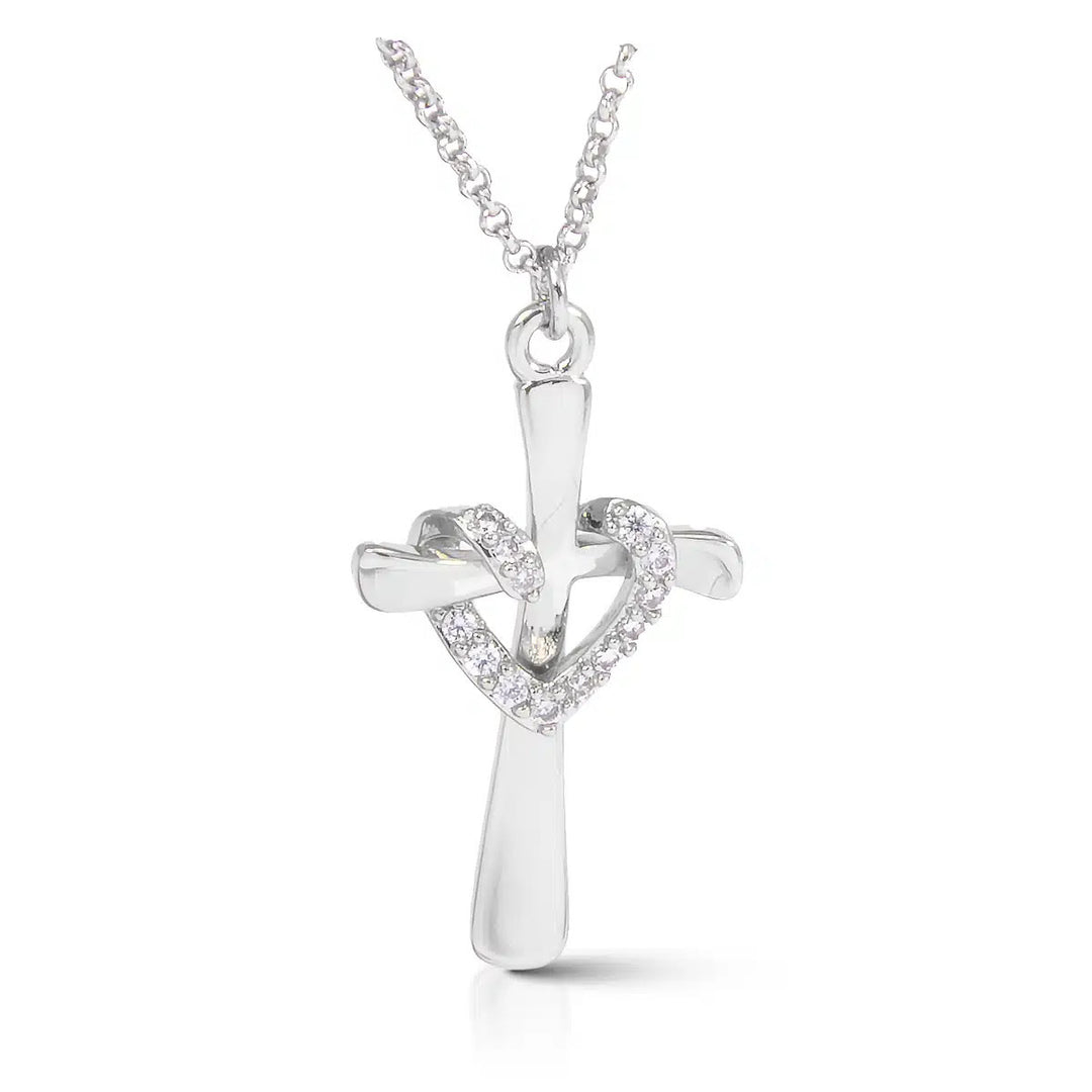 Silver cross necklace with a cubic zirconia-studded heart entwined around the center.