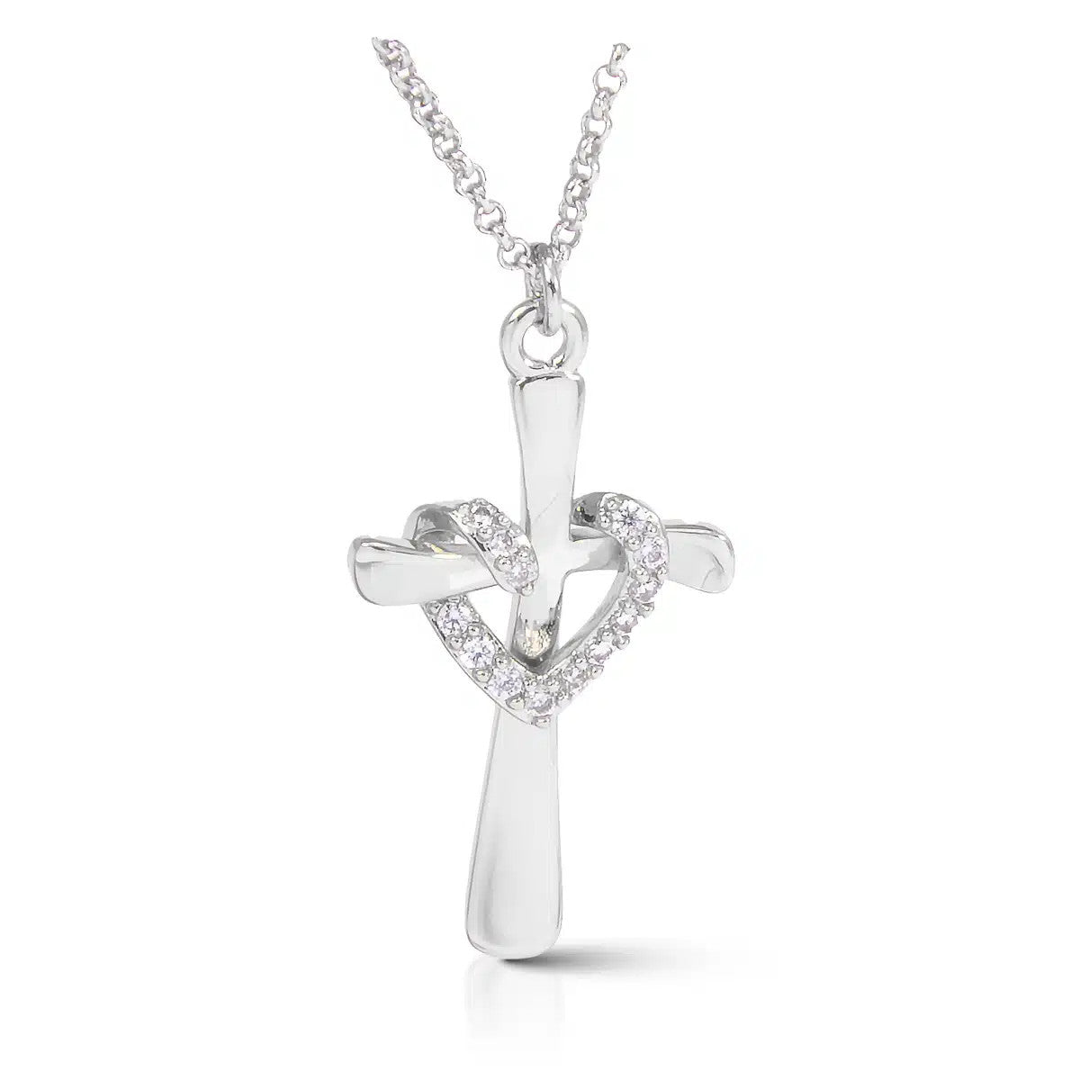 Silver cross necklace with a cubic zirconia-studded heart entwined around the center.