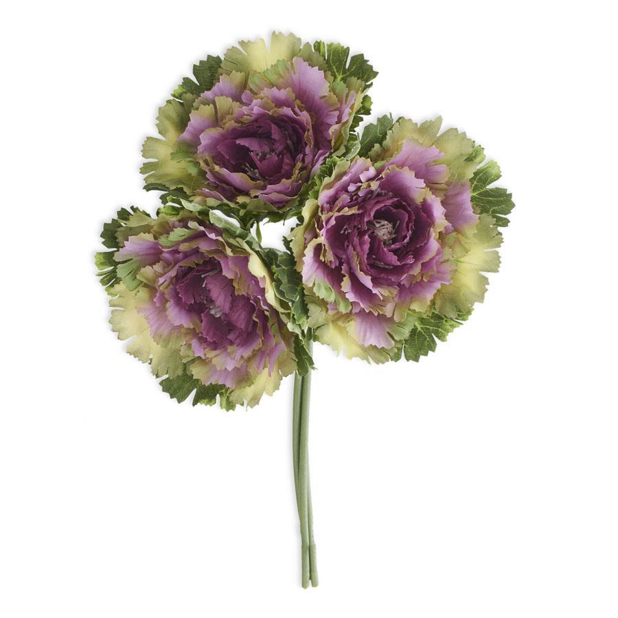 Bundle of eleven-and-a-half-inch artificial cabbage plants made from polyester and plastic.