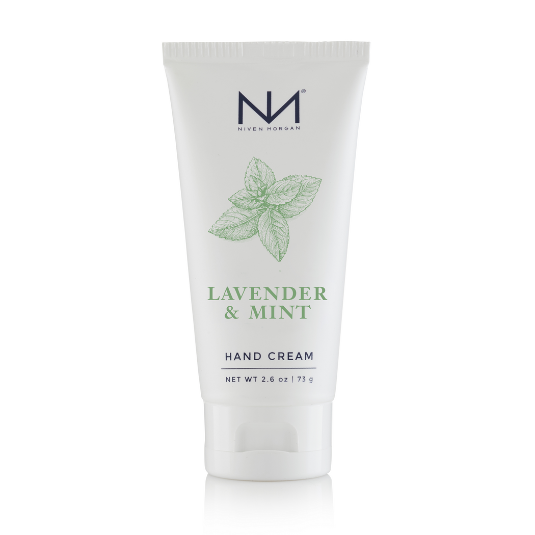 Lavender & Mint hand cream tube with aloe vera and shea butter ingredients.