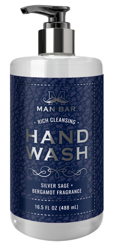 Man Bar Hand Wash in Silver Sage & Bergamot bottle with clear liquid