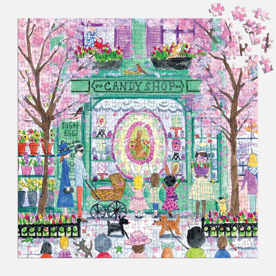 Michael Storrings Easter Candy Shop puzzle featuring colorful candies in a shop window scene.