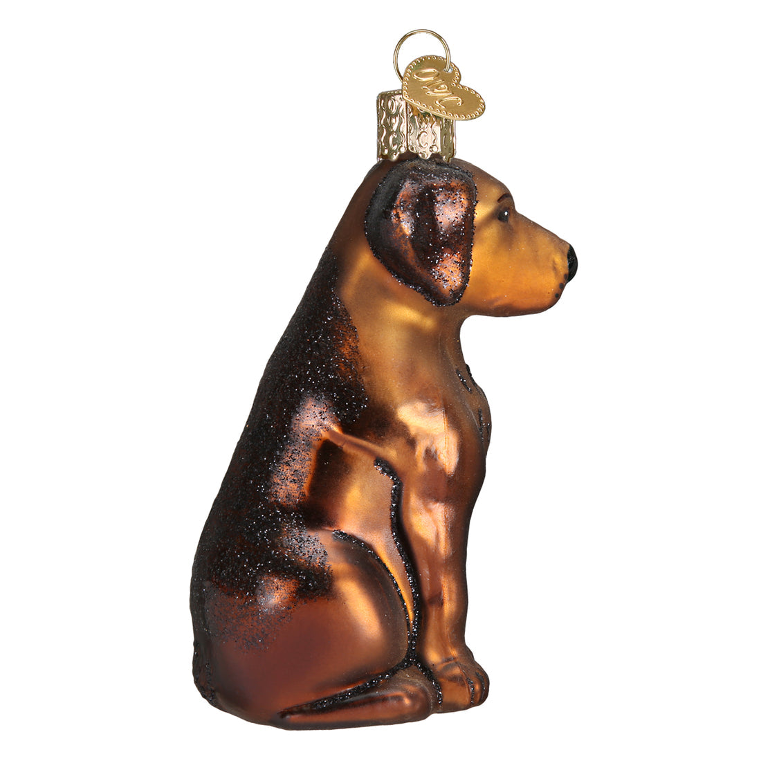 Glass Chocolate Labrador Christmas ornament in a sitting position with glitter accents.