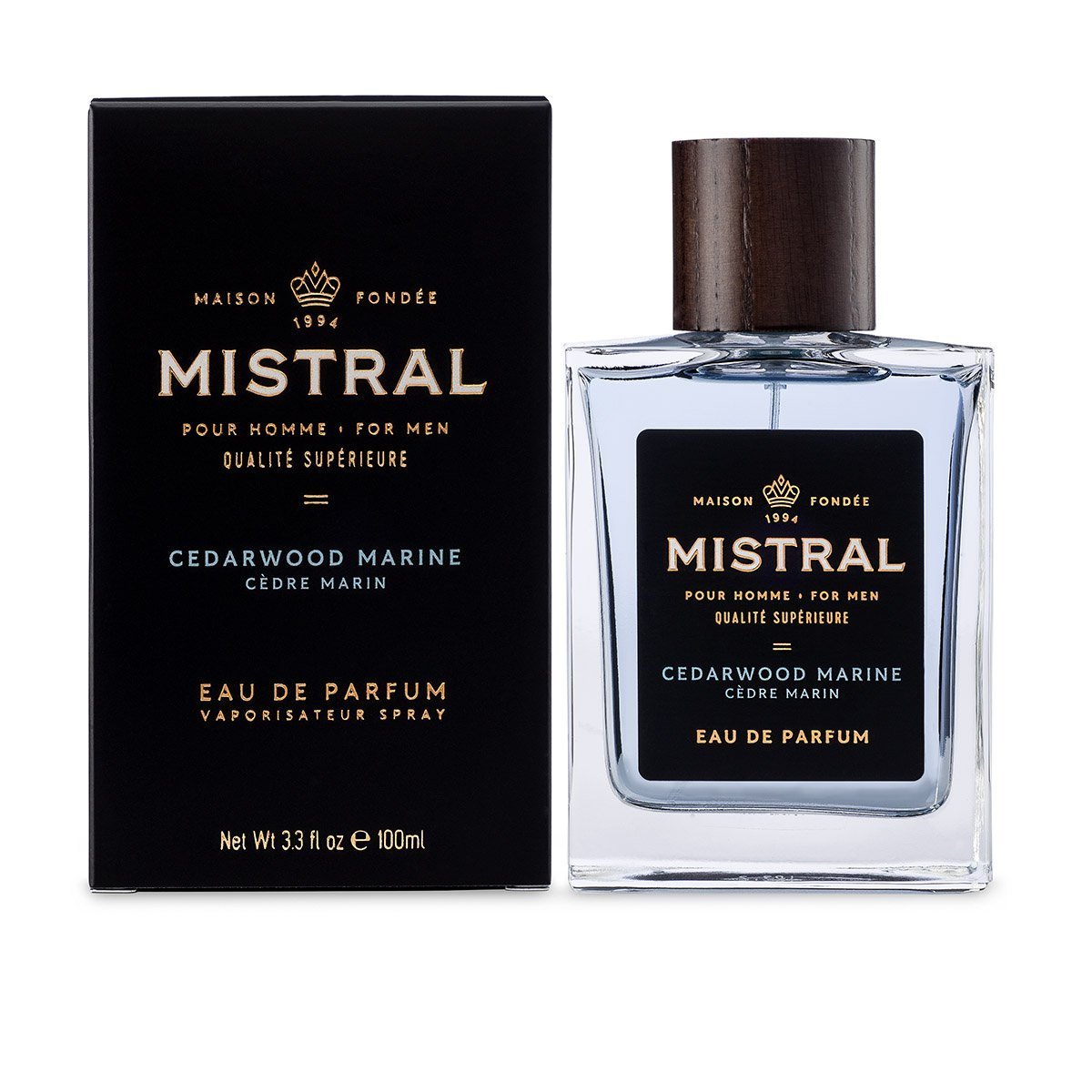 Men's Eau de Parfum Cedarwood Marine bottle with a dark glass body and minimalist label.