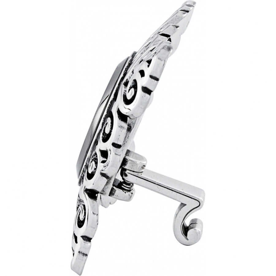 Side view of a silver-plated Geneva Clock with an ornate scroll design and a swivel arm stand.