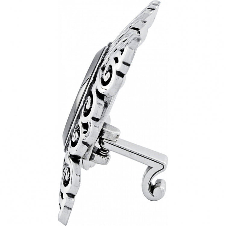 Side view of a silver-plated Geneva Clock with an ornate scroll design and a swivel arm stand.