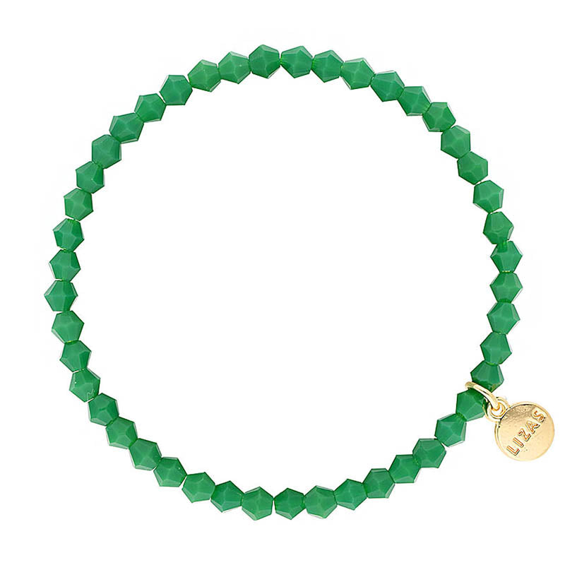 Lizas Quadro Big Bright green crystal stretch bracelet with a gold logo charm.