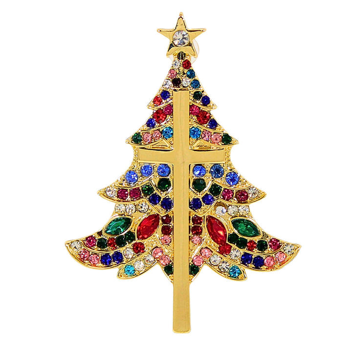 Christmas Cross Tree Pins: silver metal pin shaped like a cross with tree silhouette.