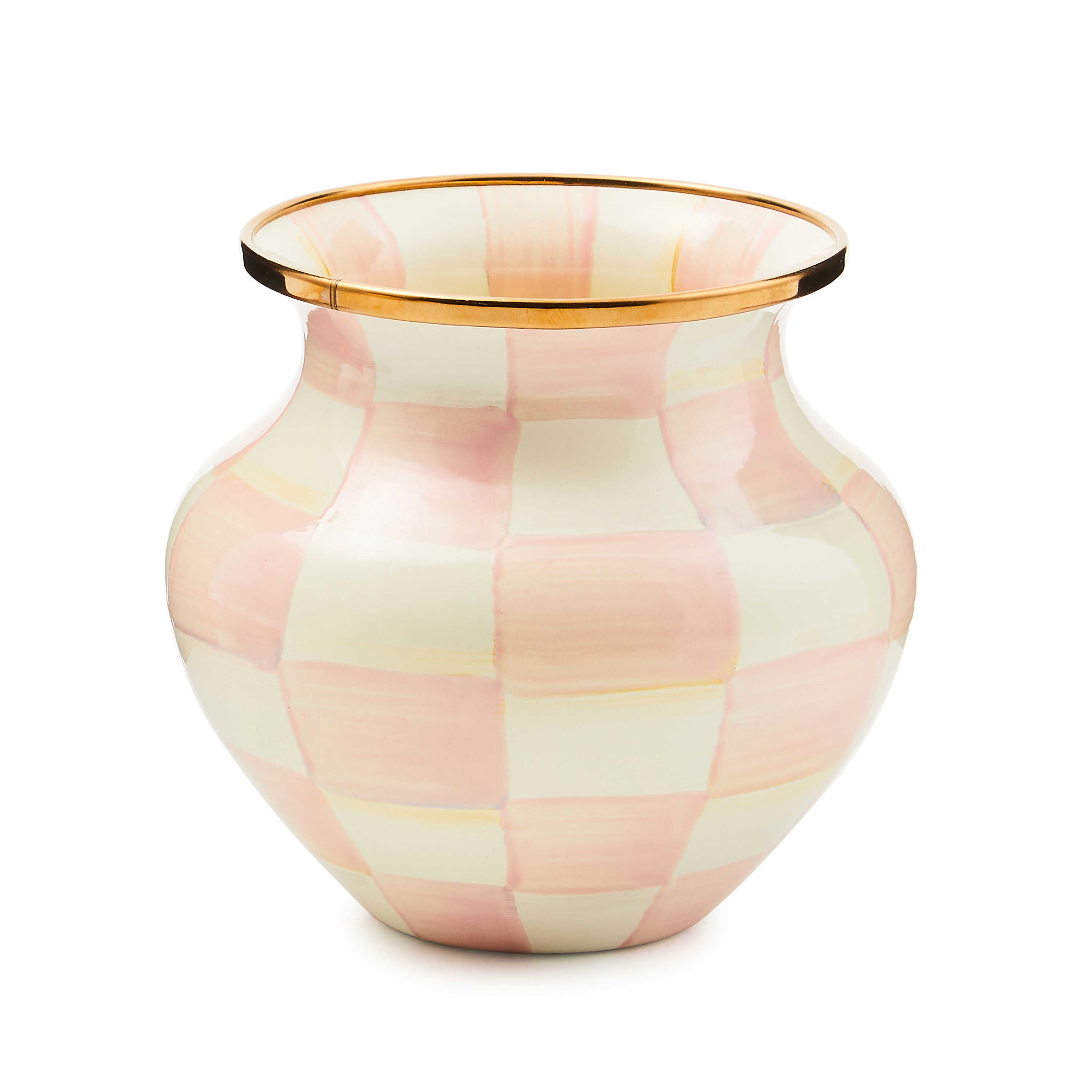Hand-painted pink and white checkered enamel vase with a bronzed stainless steel rim.