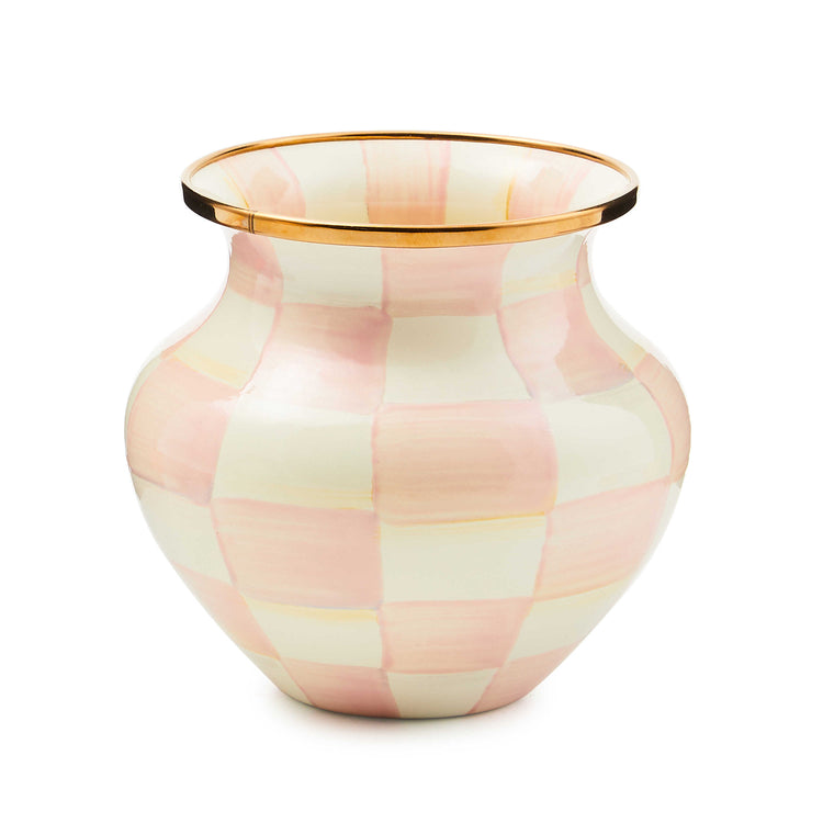 Hand-painted pink and white checkered enamel vase with a bronzed stainless steel rim.