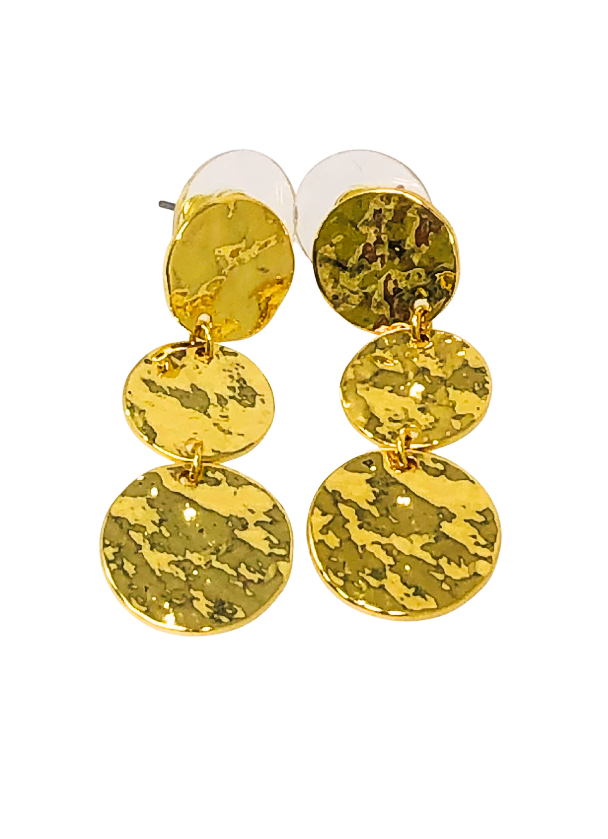 Gold polished hammered triple disc drop earrings with a textured finish and post backings.