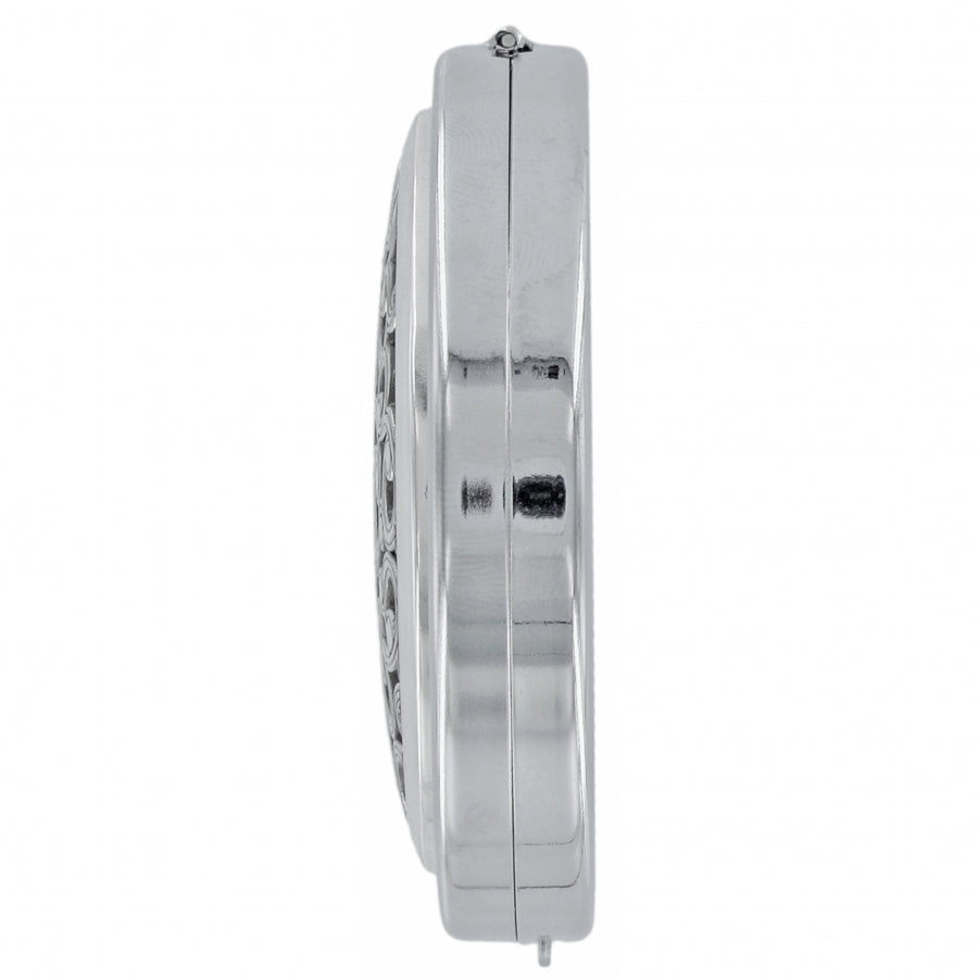Side view of the silver-plated Serendipity Compact Mirror showing its slim 1/2 inch depth.