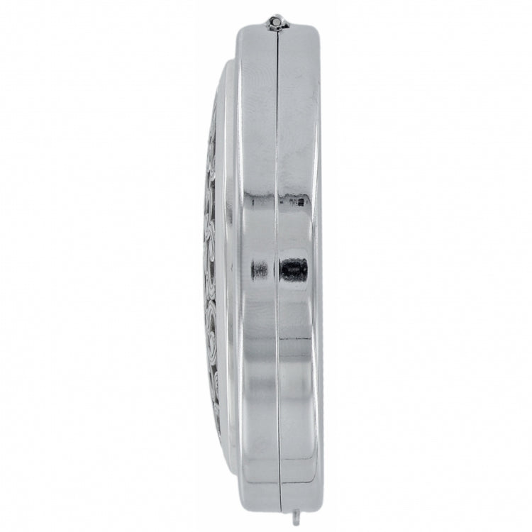 Side view of the silver-plated Serendipity Compact Mirror showing its slim 1/2 inch depth.